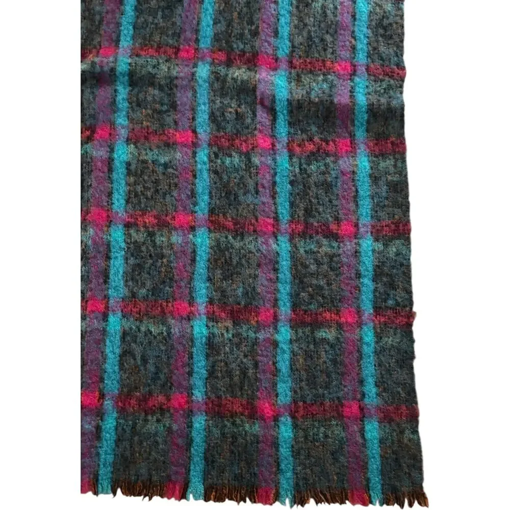 1980s Donegal Design Hand Woven Mohair Wool Plaid Scarf Ireland 60x70